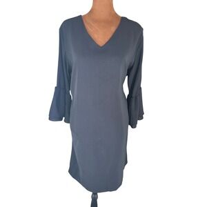 Aranoy Black Bell Sleeve Shift Dress Women's L 12–14 V-Neck Minimalist‎ EUC LBD